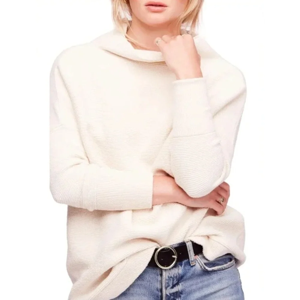 Free People Ribbed Cowl‎ Neck Oversized Sweater Lagenlook Boho Chic Tunic Size L